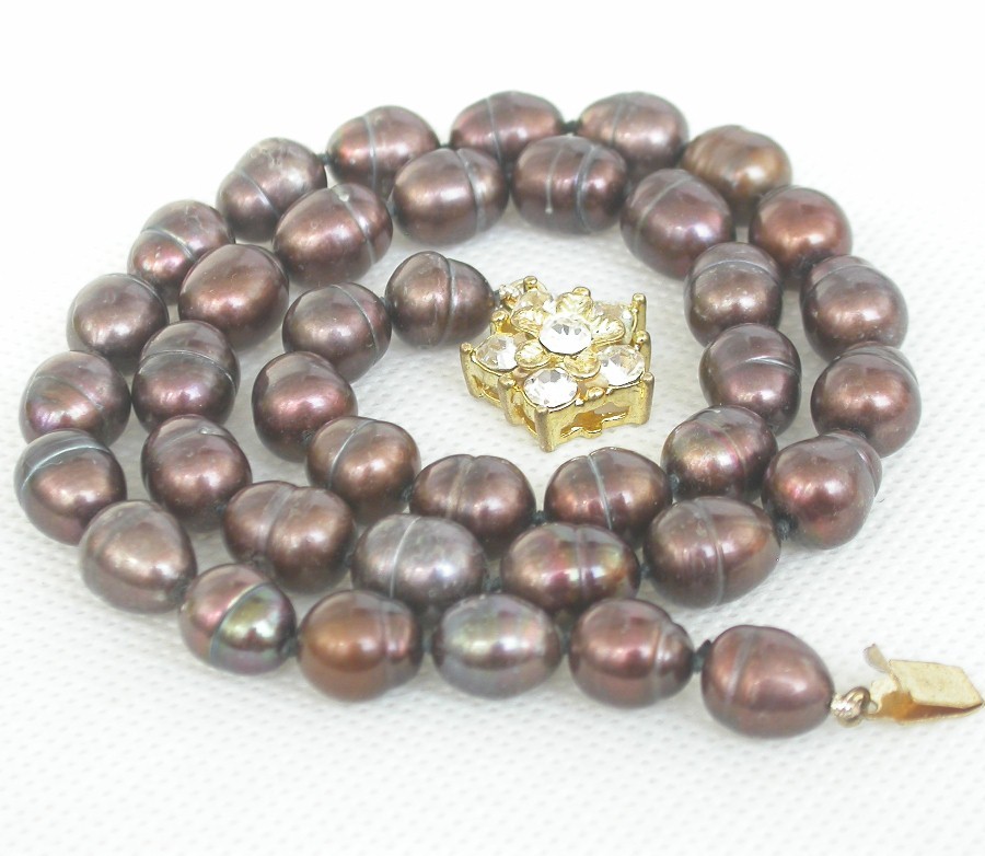 Genuine 18" 11mm rice coffee freshwater pearl beads necklace c1902