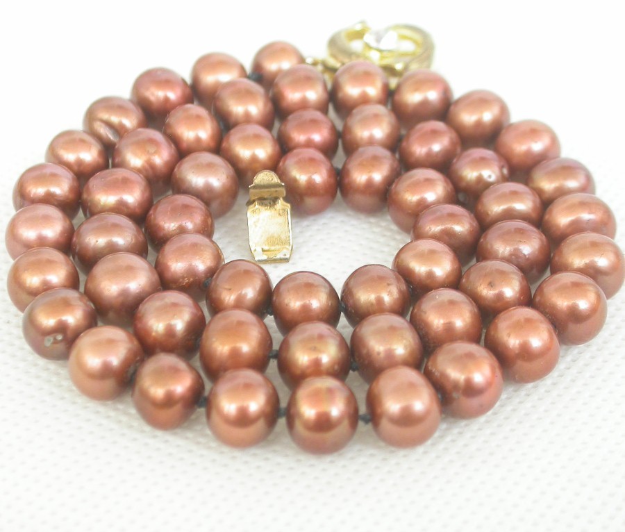 Genuine 18" 9mm round light coffee freshwater pearl necklace c1904