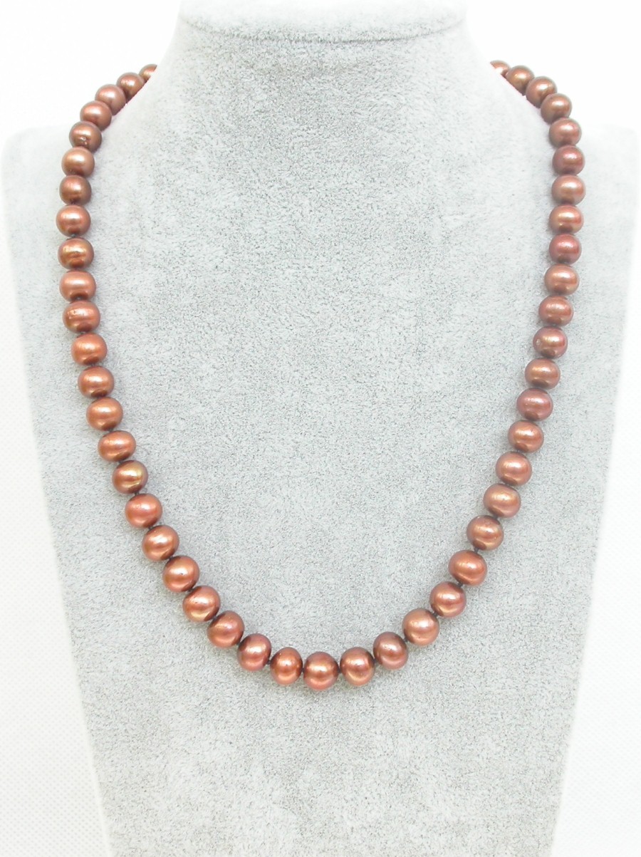 Genuine 18" 9mm round light coffee freshwater pearl necklace c1904