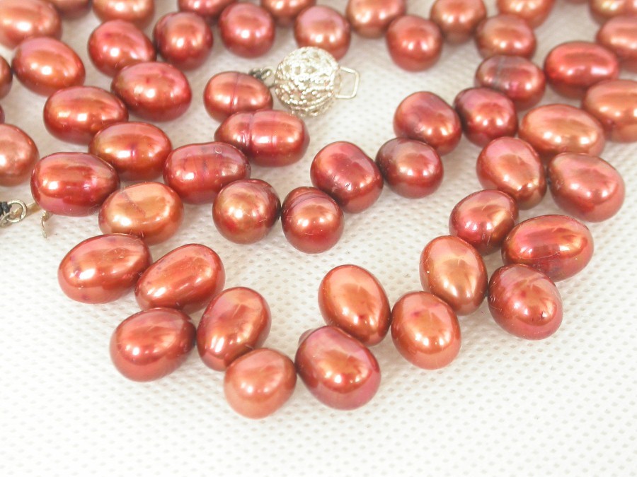 Genuine 18" 11mm Baroque rice Oval wine red pearl bead necklace c1922