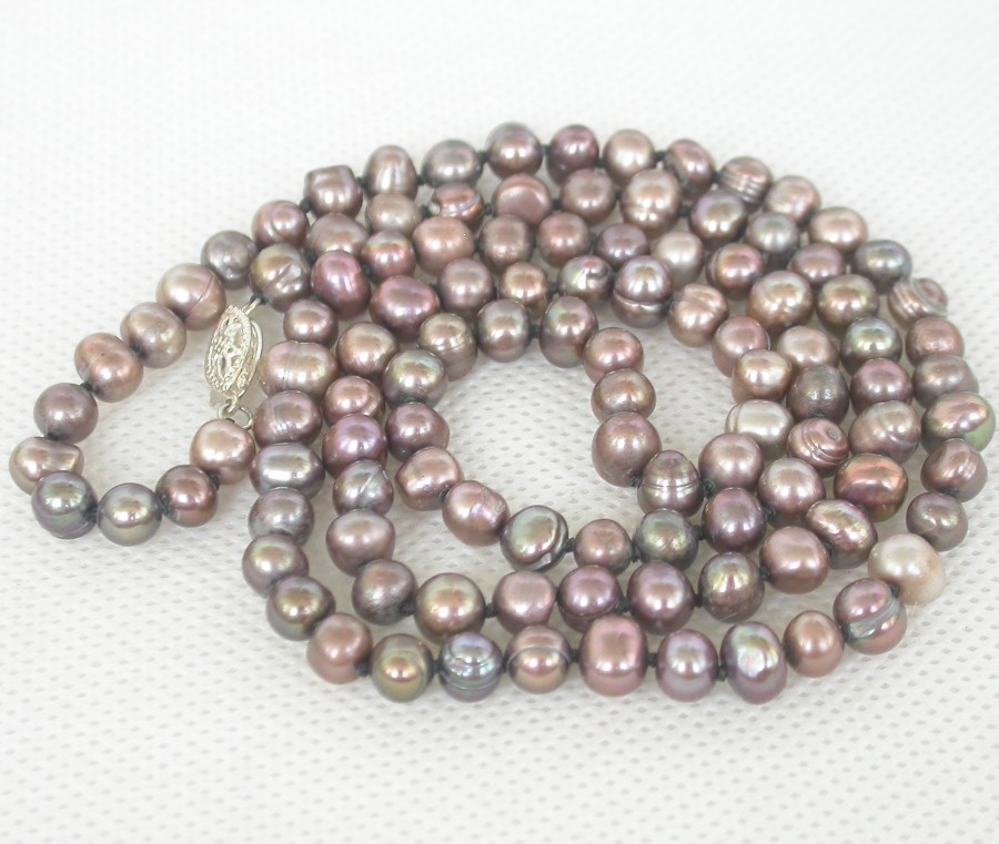 Genuine Long 25" 6mm round gray freshwater pearl beads necklace c1932