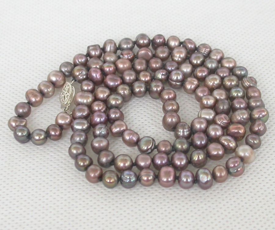 Genuine Long 25" 6mm round gray freshwater pearl beads necklace c1932