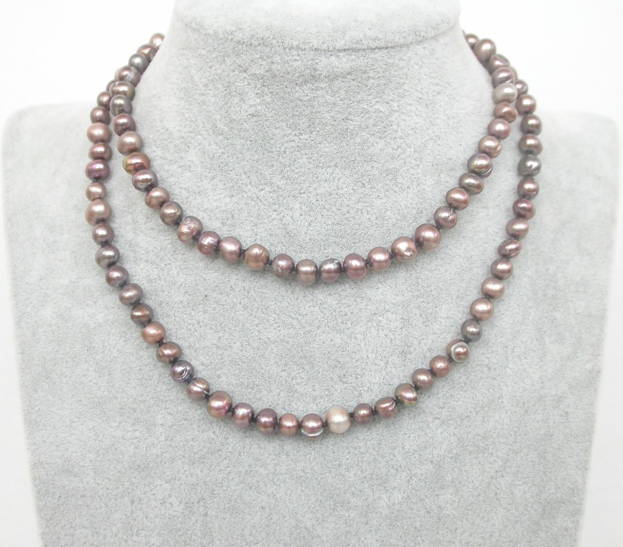 Genuine Long 25" 6mm round gray freshwater pearl beads necklace c1932