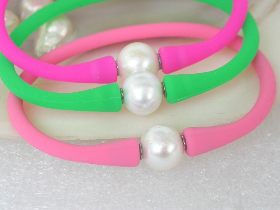 3pcs 10mm rubbery springy white pearl pink green roseo Silicone rubber Bracelet