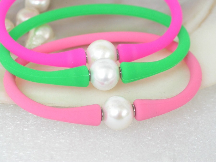 3pcs 10mm rubbery springy white pearl pink green roseo Silicone rubber Bracelet