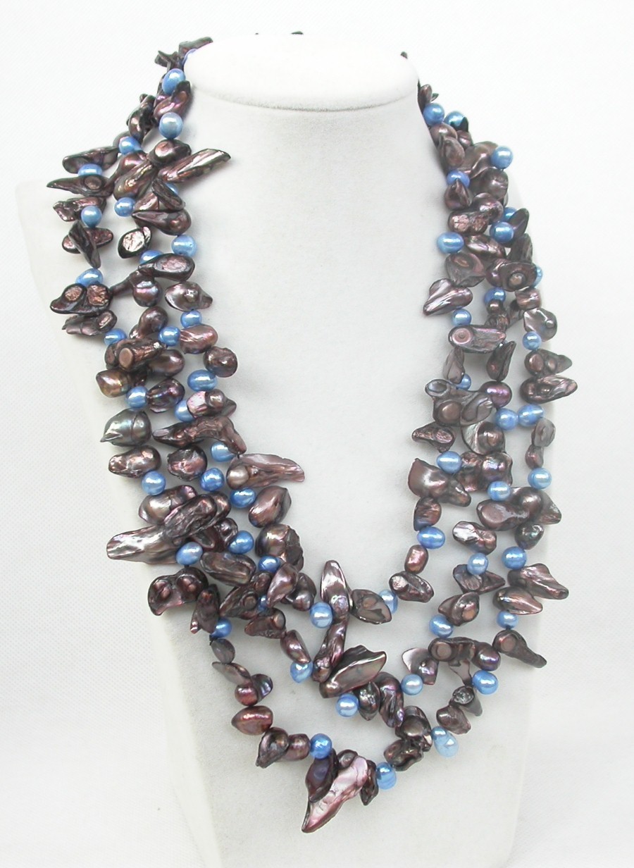 Long 46" Baroque tooth blue coffee Multi-color freshwater pearls necklace c1936