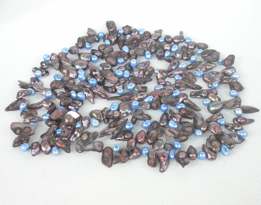 Long 46" Baroque tooth blue coffee Multi-color freshwater pearls necklace c1936