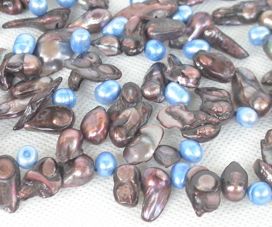 Long 46" Baroque tooth blue coffee Multi-color freshwater pearls necklace c1936