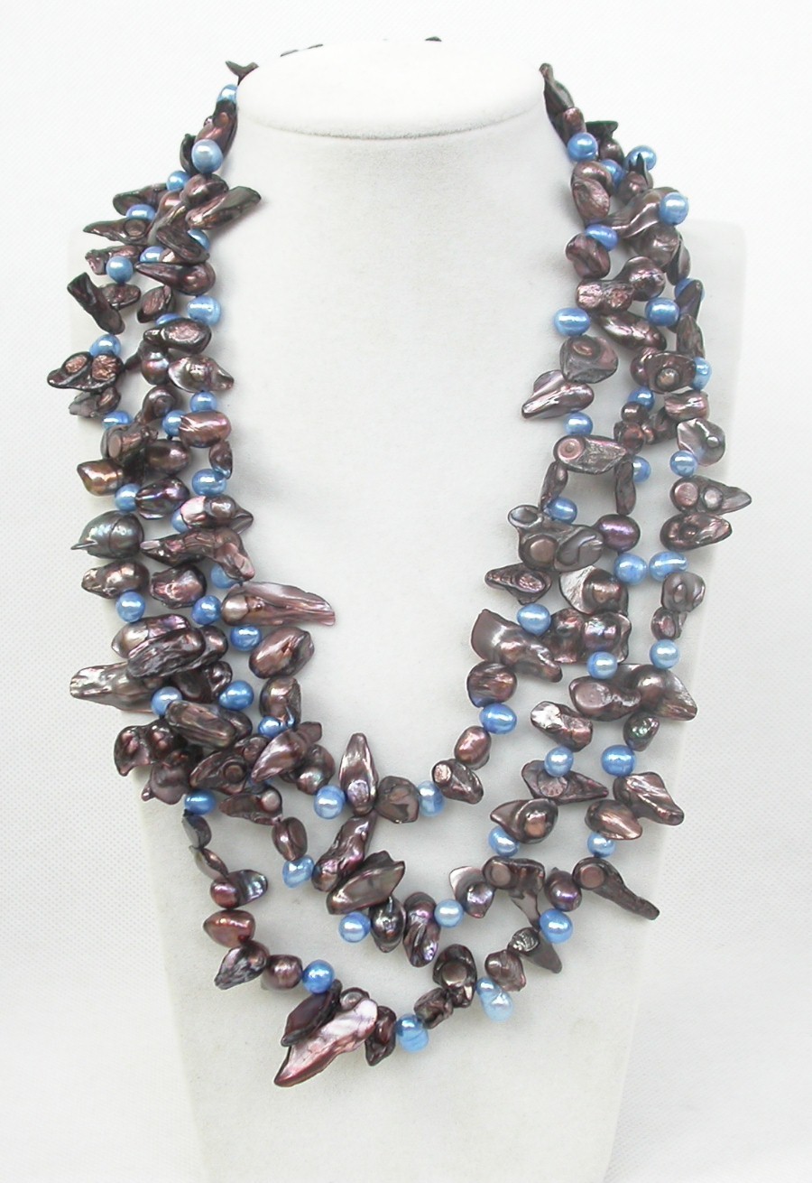 Long 46" Baroque tooth blue coffee Multi-color freshwater pearls necklace c1936