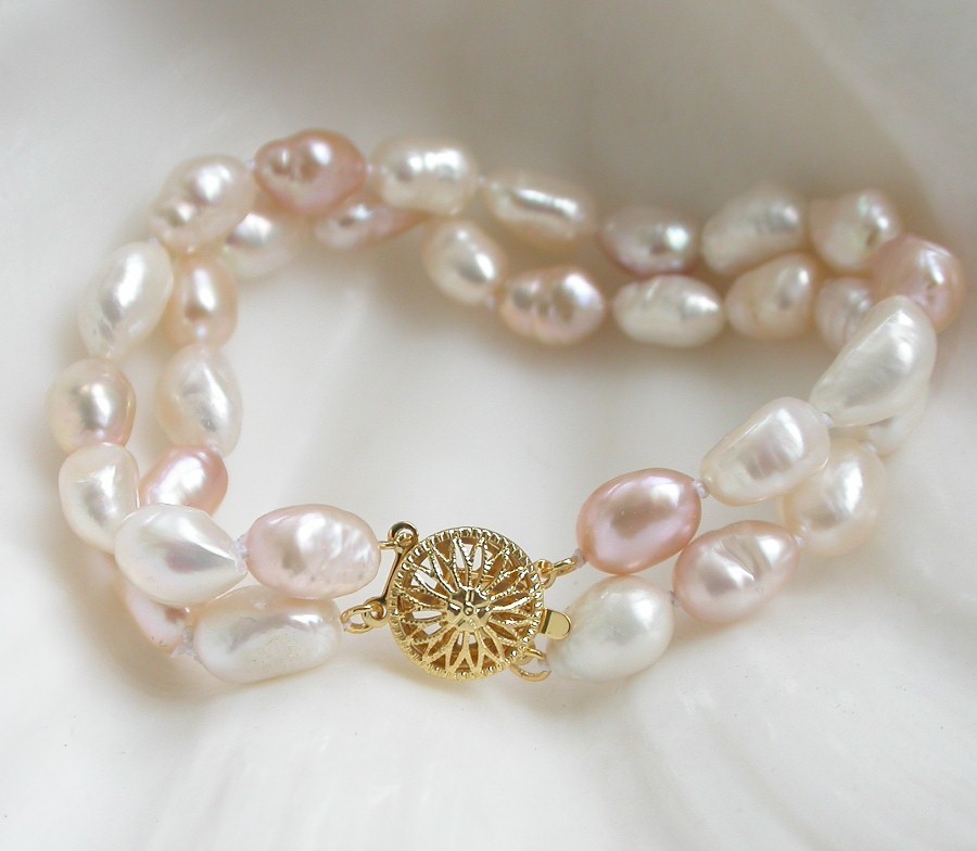 natural 8" 2row 11mm Baroque Freeform potato Assorted FW pearls bracelet c1973