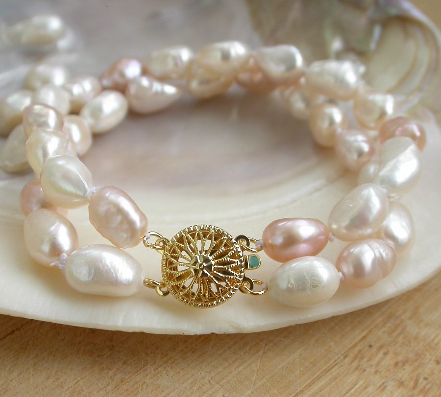 natural 8" 2row 11mm Baroque Freeform potato Assorted FW pearls bracelet c1973