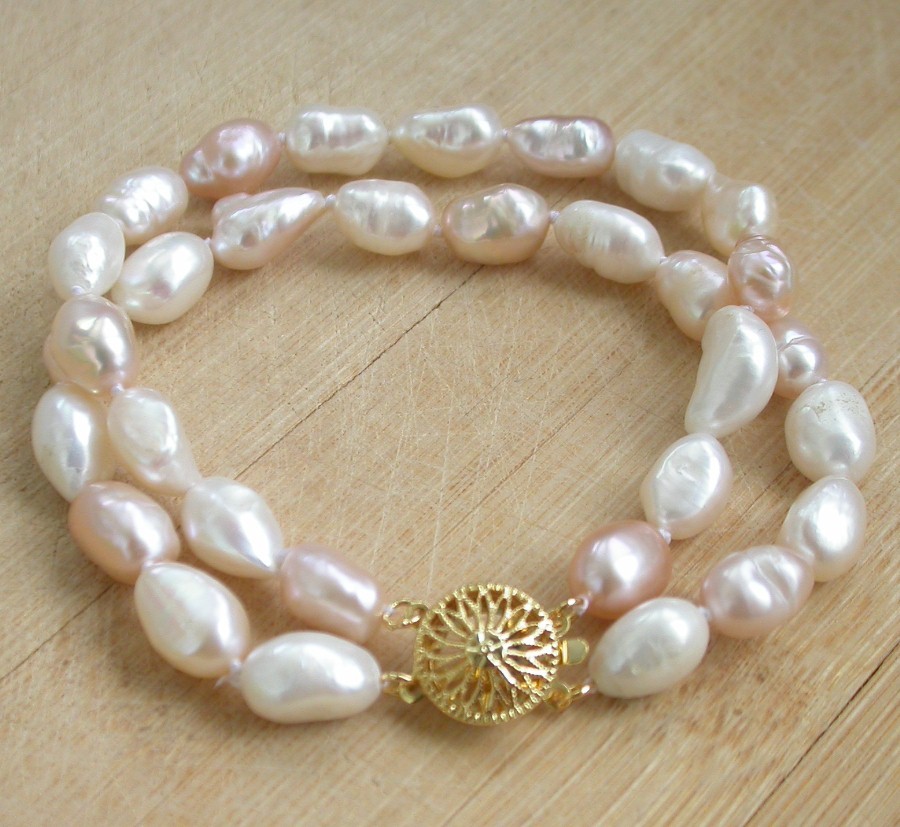 natural 8" 2row 11mm Baroque Freeform potato Assorted FW pearls bracelet c1973