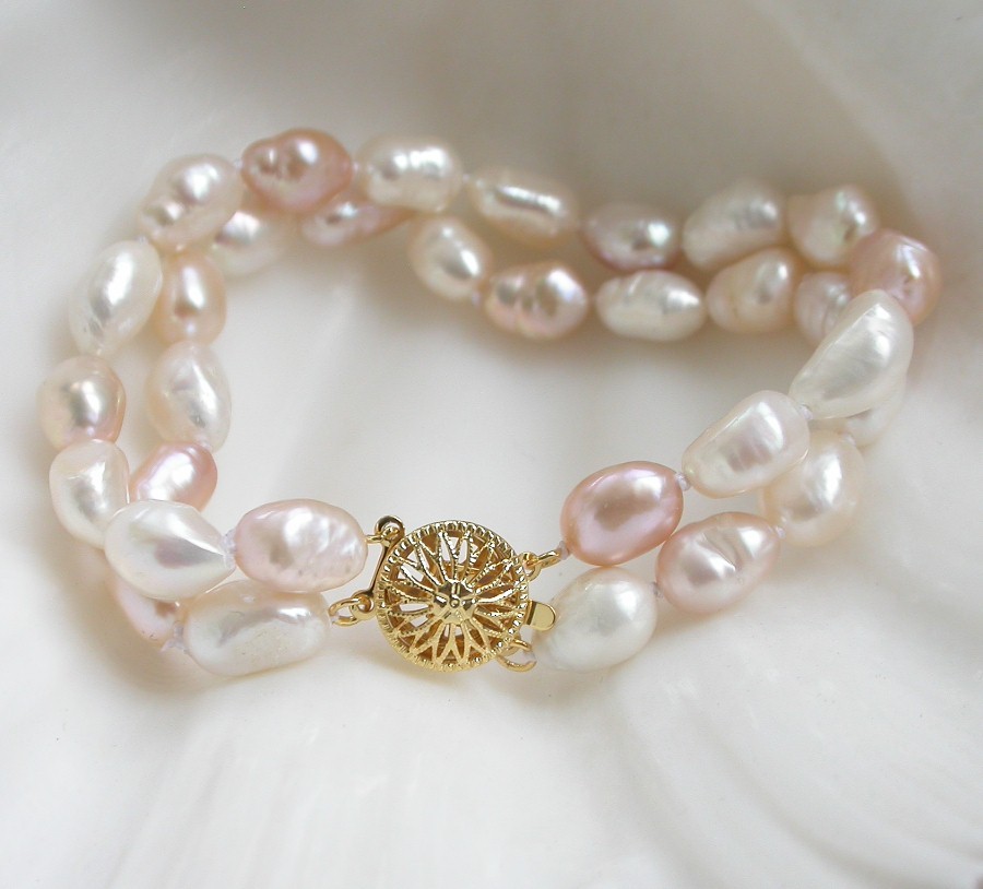 natural 8" 2row 11mm Baroque Freeform potato Assorted FW pearls bracelet c1973