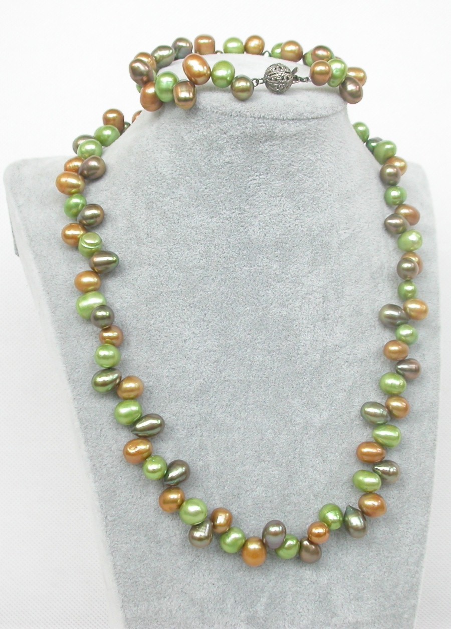 AAA 18" 11mm Baroque rice green coffee Multicolor pearl bracelet necklace c1983