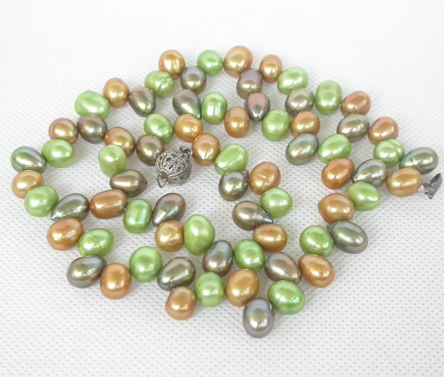 AAA 18" 11mm Baroque rice green coffee Multicolor pearl bracelet necklace c1983