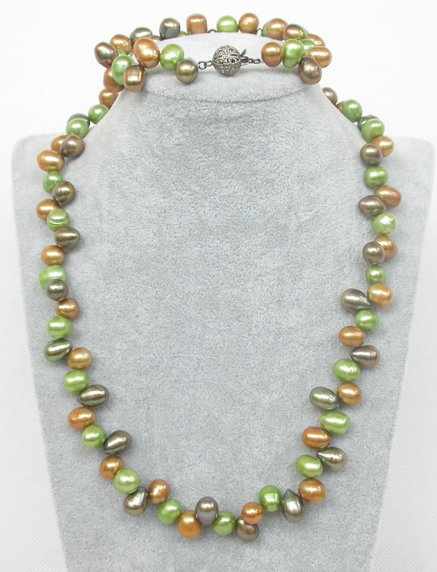 AAA 18" 11mm Baroque rice green coffee Multicolor pearl bracelet necklace c1983