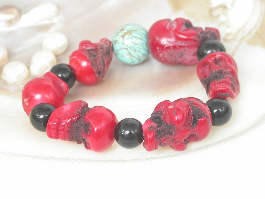 7" springy Baroque red coral agate turquoise human skeleton Bracelet c2032
