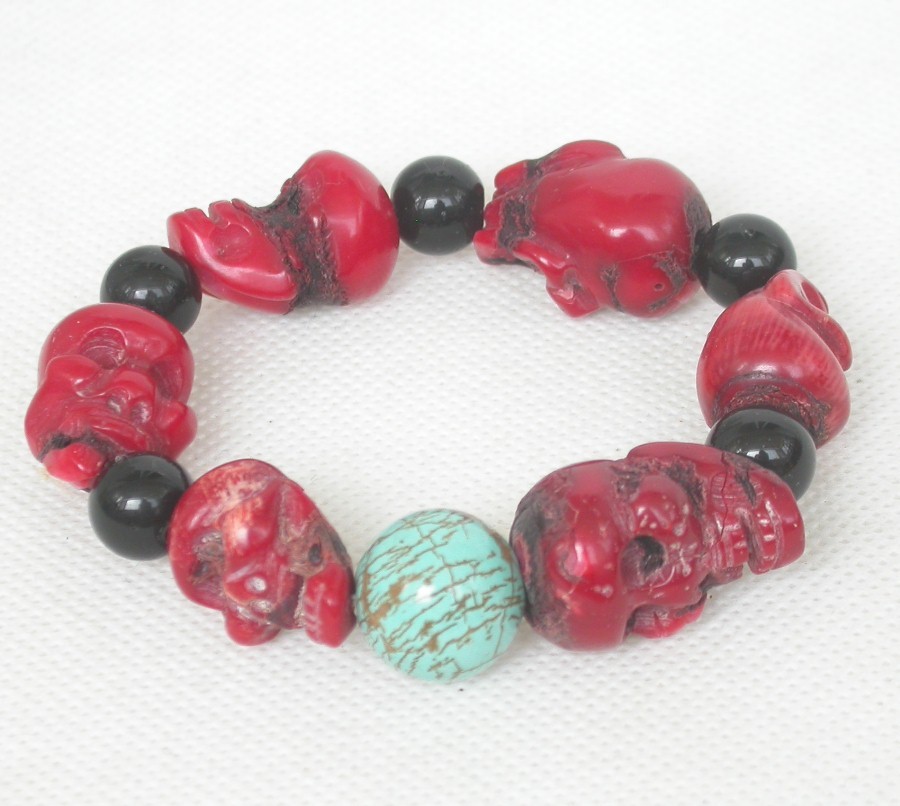 7" springy Baroque red coral agate turquoise human skeleton Bracelet c2032
