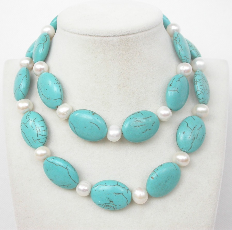 Selectable natural 10mm white round FW pearls oval blue turquoise necklace c2075
