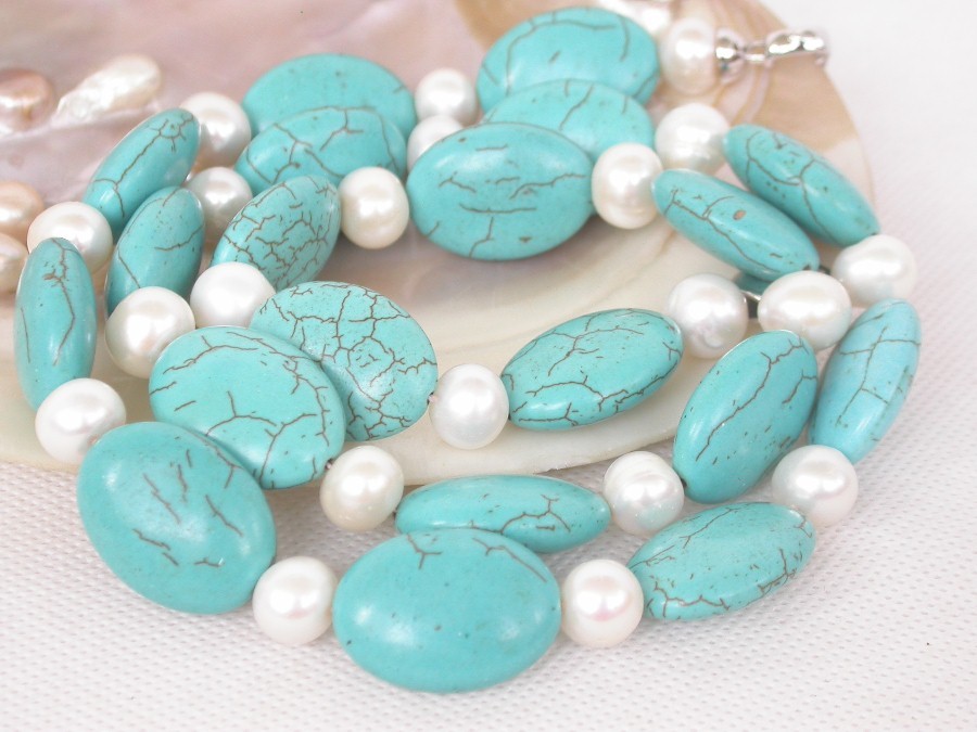 Selectable natural 10mm white round FW pearls oval blue turquoise necklace c2075
