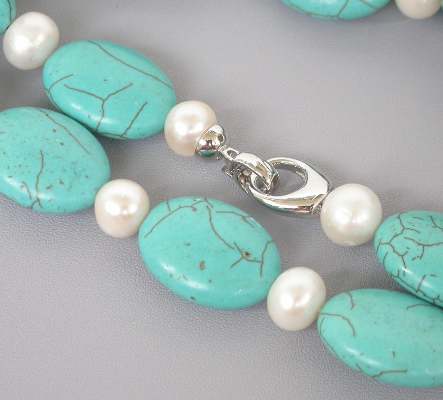 Selectable natural 10mm white round FW pearls oval blue turquoise necklace c2075