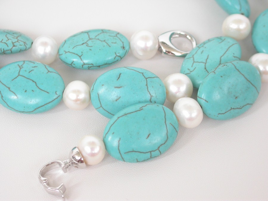 Selectable natural 10mm white round FW pearls oval blue turquoise necklace c2075