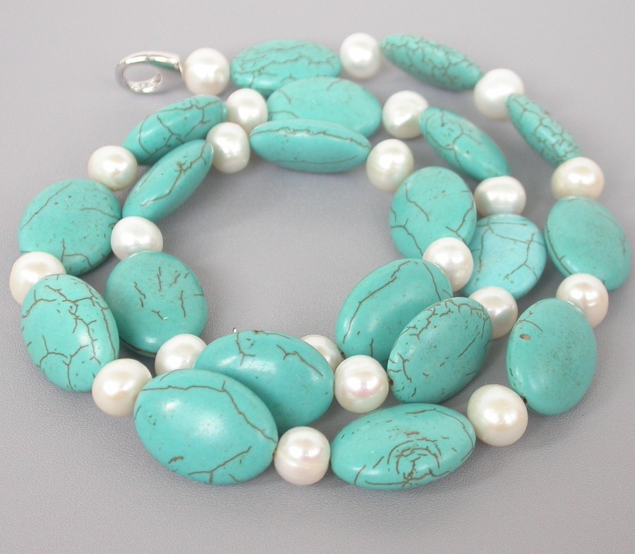 Selectable natural 10mm white round FW pearls oval blue turquoise necklace c2075