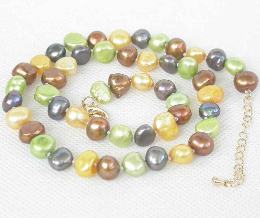17" 9mm Baroque black yellow green coffee Multi-color freshwater pearls necklace