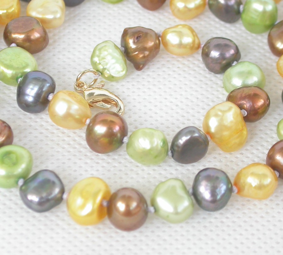 17" 9mm Baroque black yellow green coffee Multi-color freshwater pearls necklace