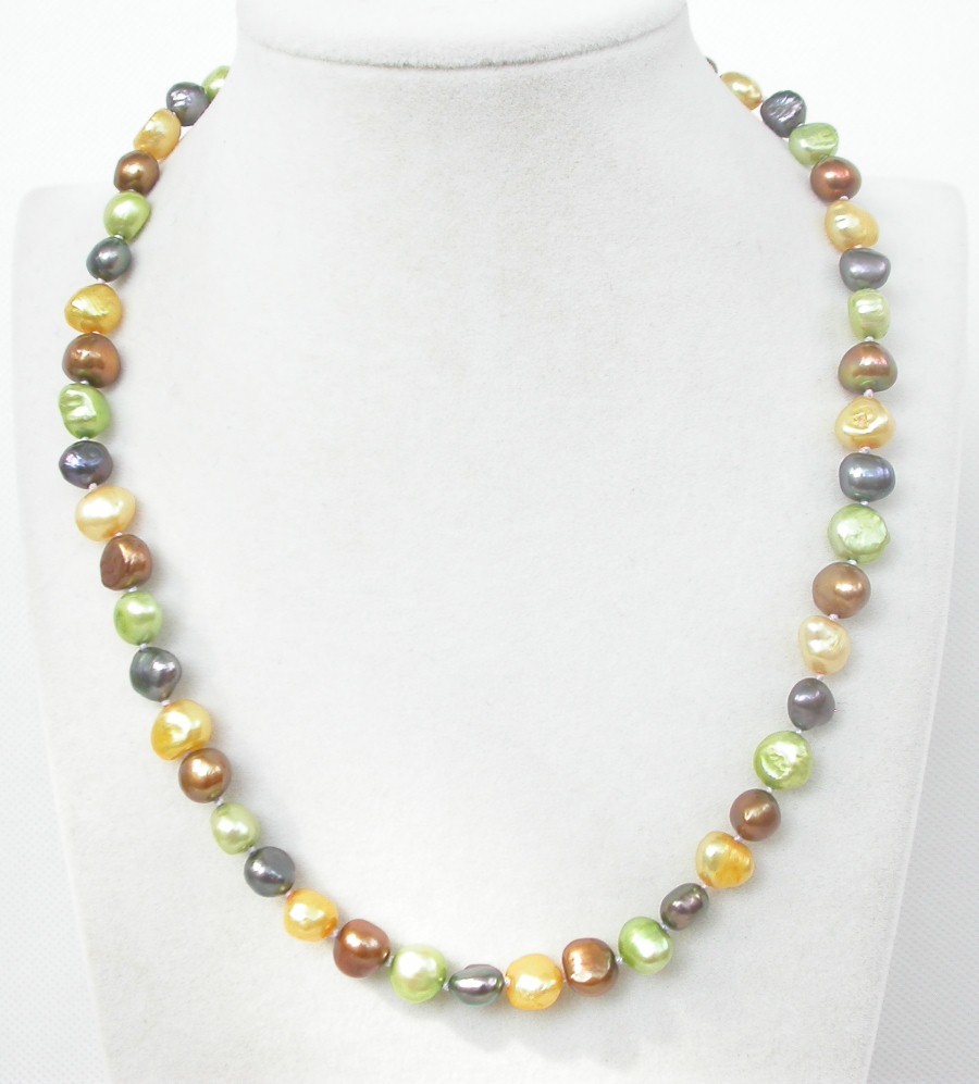 17" 9mm Baroque black yellow green coffee Multi-color freshwater pearls necklace