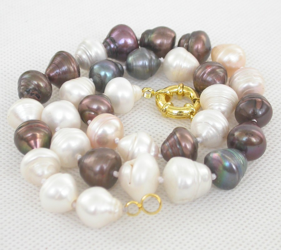 18" 14mm Baroque white coffee Multicolor round freshwater pearls necklace c2468