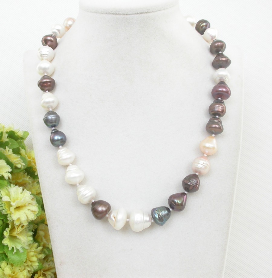 18" 14mm Baroque white coffee Multicolor round freshwater pearls necklace c2468