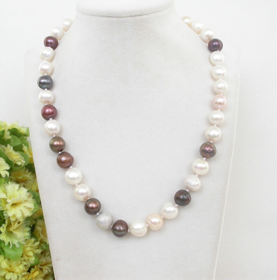 18" 12mm Baroque white coffee Multicolor black round pearls necklace c2471