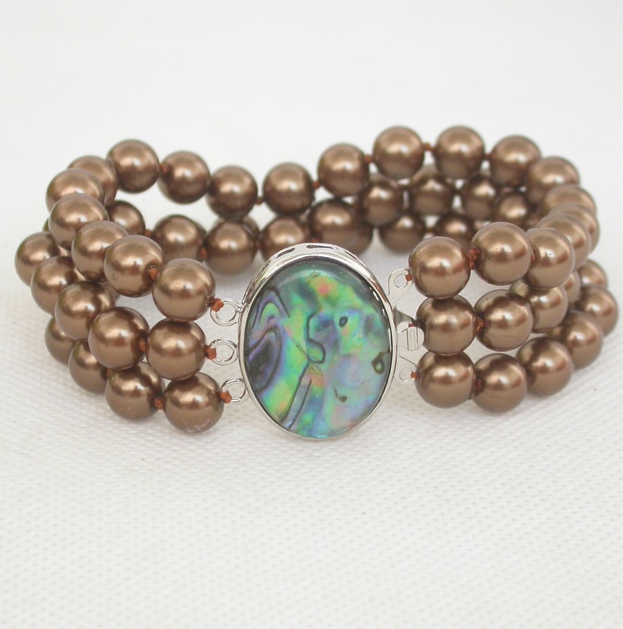 AAA 8" 8mm 3row coffee round south sea shell pearls Bracelet Abalone shell clasp