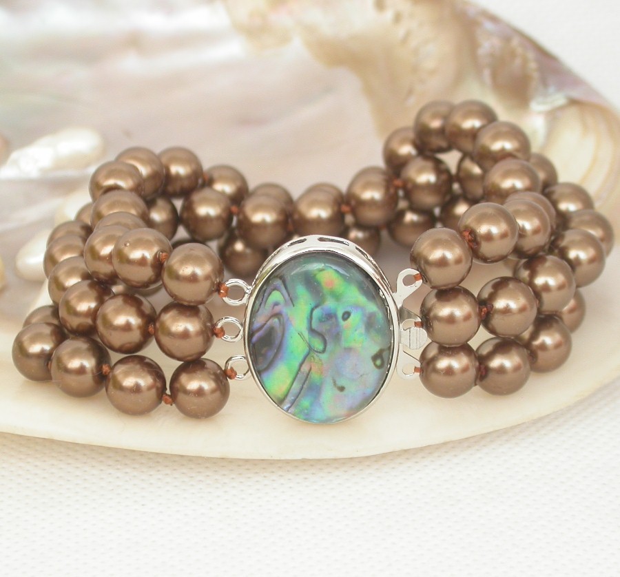 AAA 8" 8mm 3row coffee round south sea shell pearls Bracelet Abalone shell clasp
