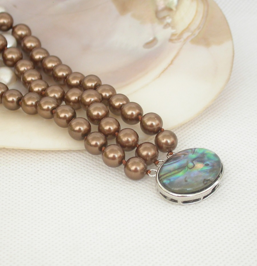 AAA 8" 8mm 3row coffee round south sea shell pearls Bracelet Abalone shell clasp