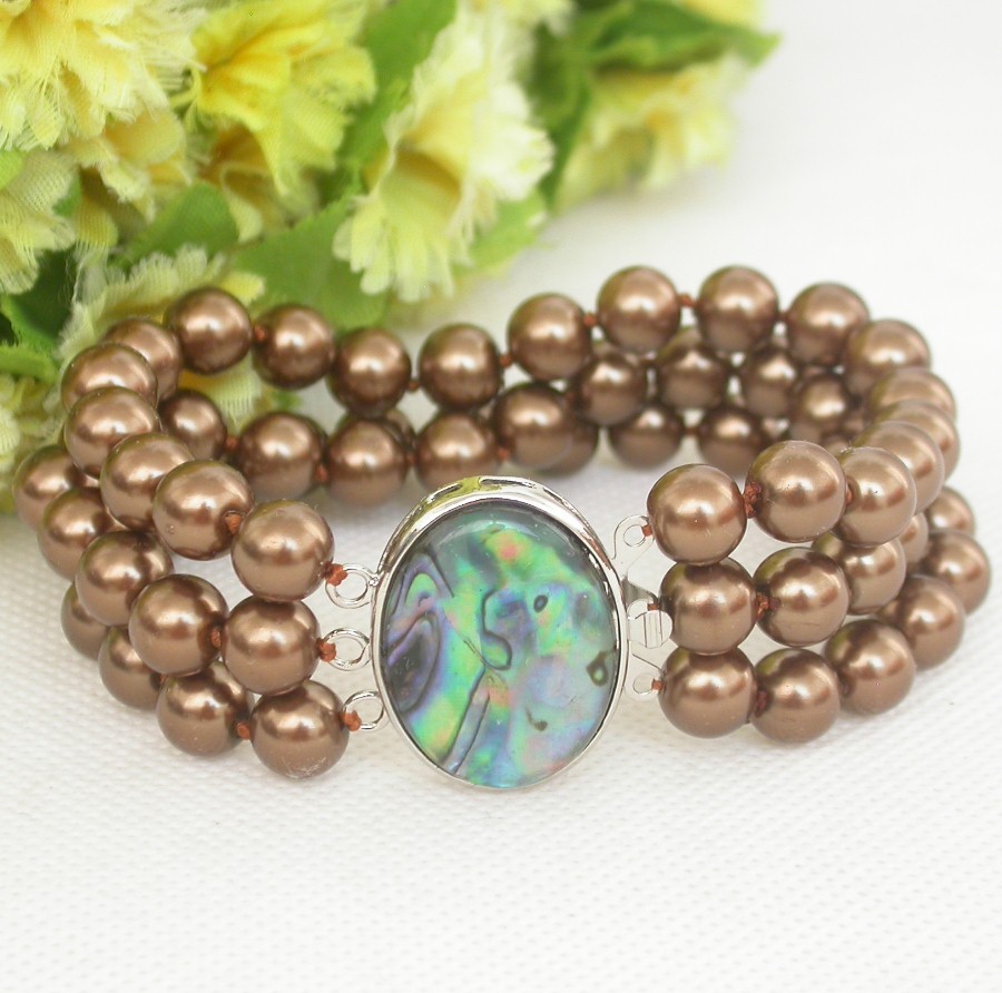 AAA 8" 8mm 3row coffee round south sea shell pearls Bracelet Abalone shell clasp