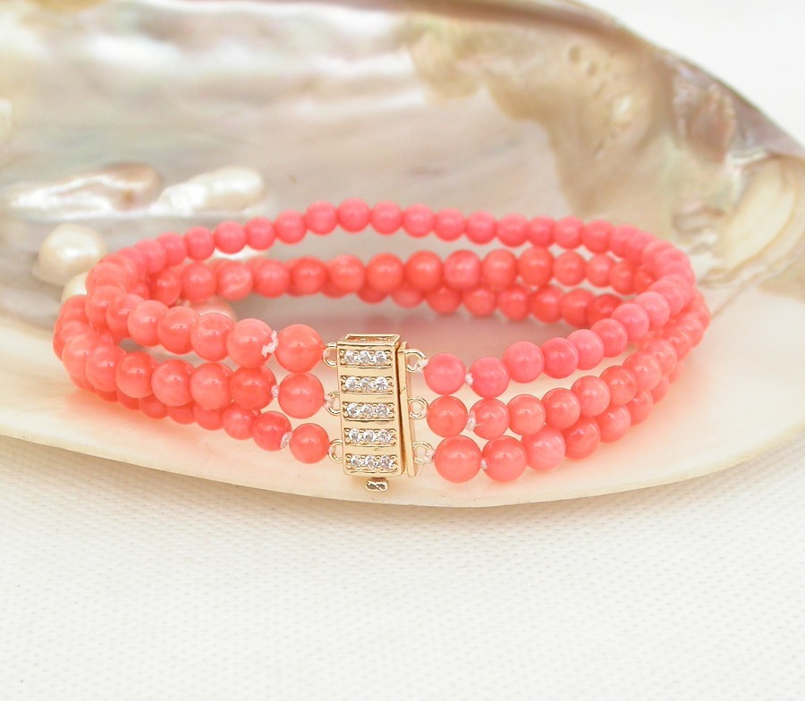 Selectable natural 3row round pink coral bead Strand bracelet Yellow Gold Filled