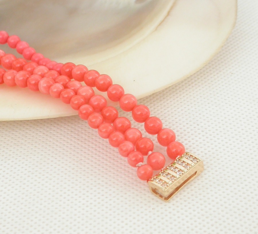 Selectable natural 3row round pink coral bead Strand bracelet Yellow Gold Filled