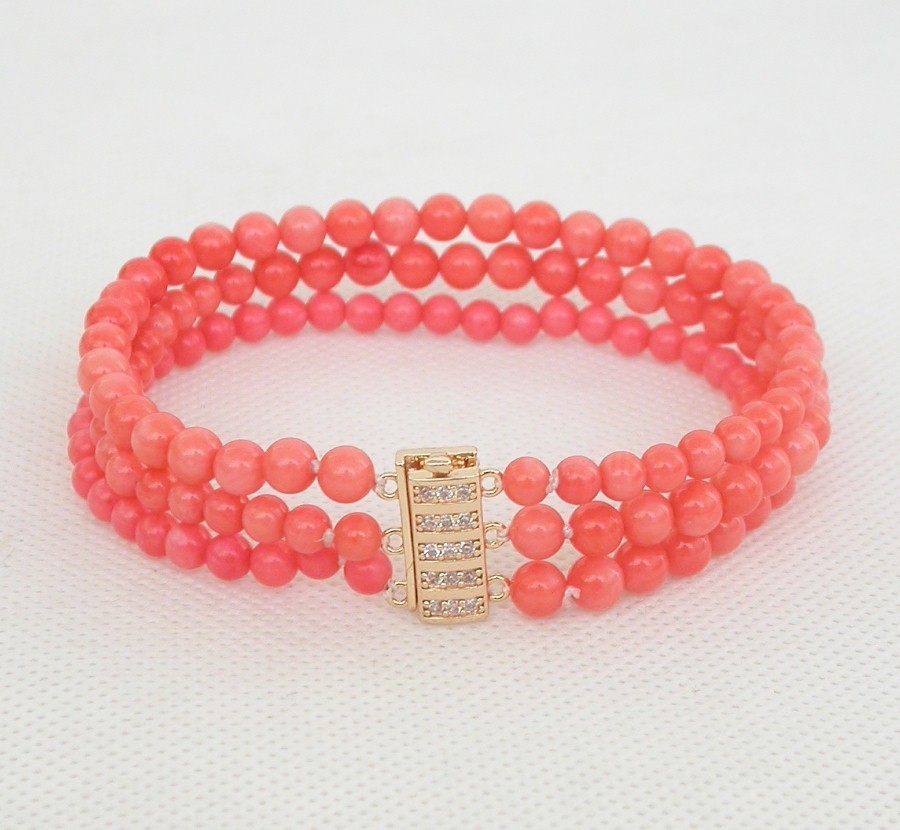 Selectable natural 3row round pink coral bead Strand bracelet Yellow Gold Filled