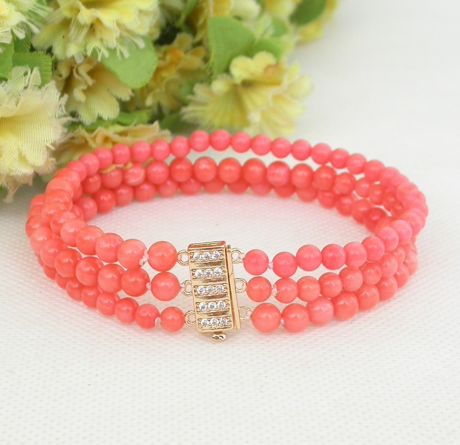 Selectable natural 3row round pink coral bead Strand bracelet Yellow Gold Filled