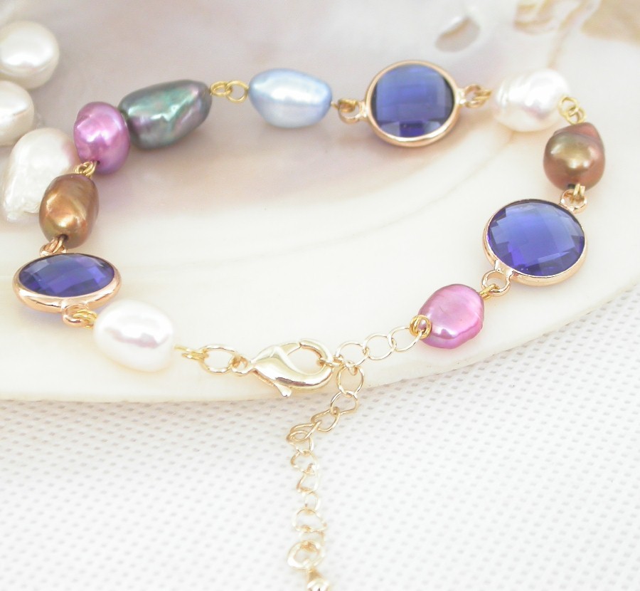 adjustable 7"-9" Baroque blue crystal Multicolor freshwater pearls bead Bracelet