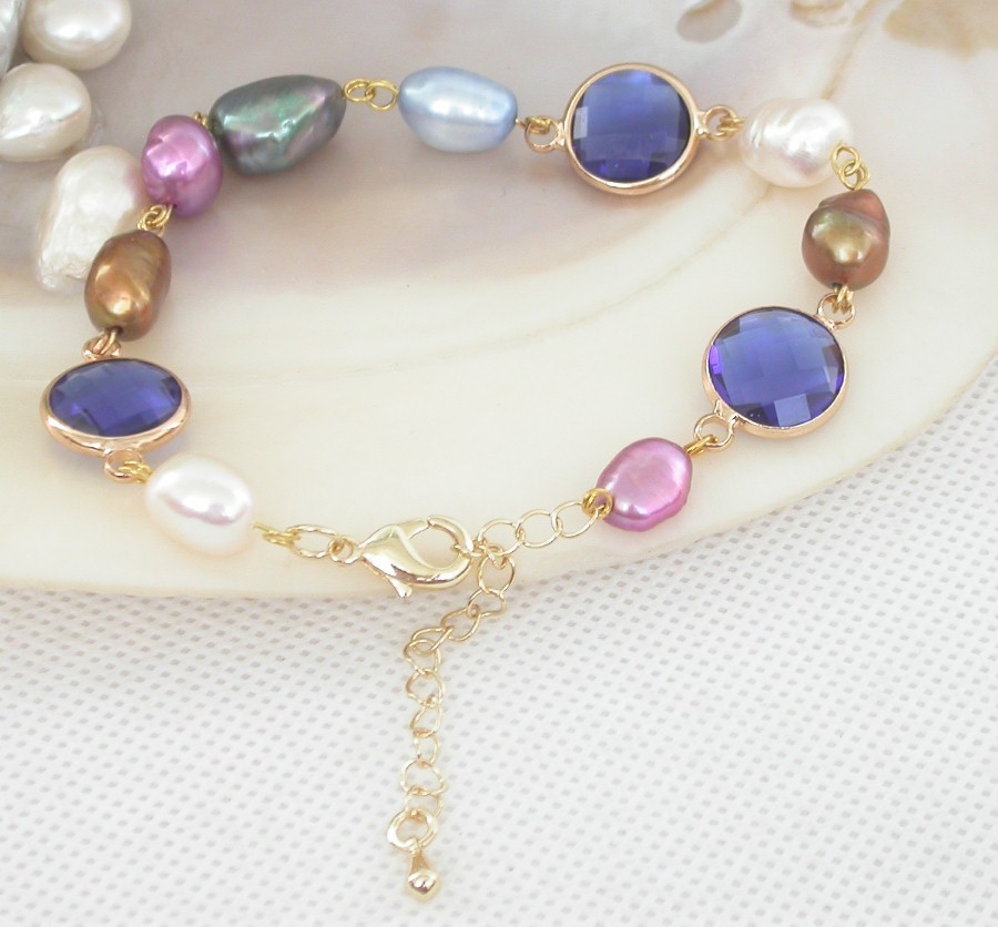 adjustable 7"-9" Baroque blue crystal Multicolor freshwater pearls bead Bracelet