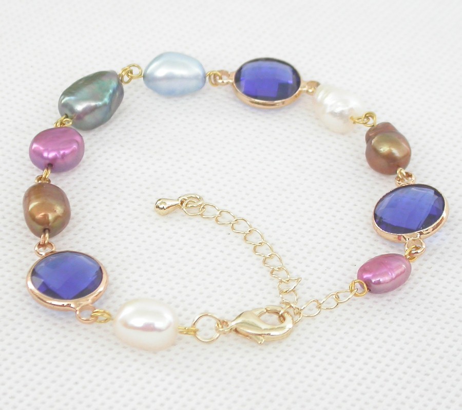 adjustable 7"-9" Baroque blue crystal Multicolor freshwater pearls bead Bracelet
