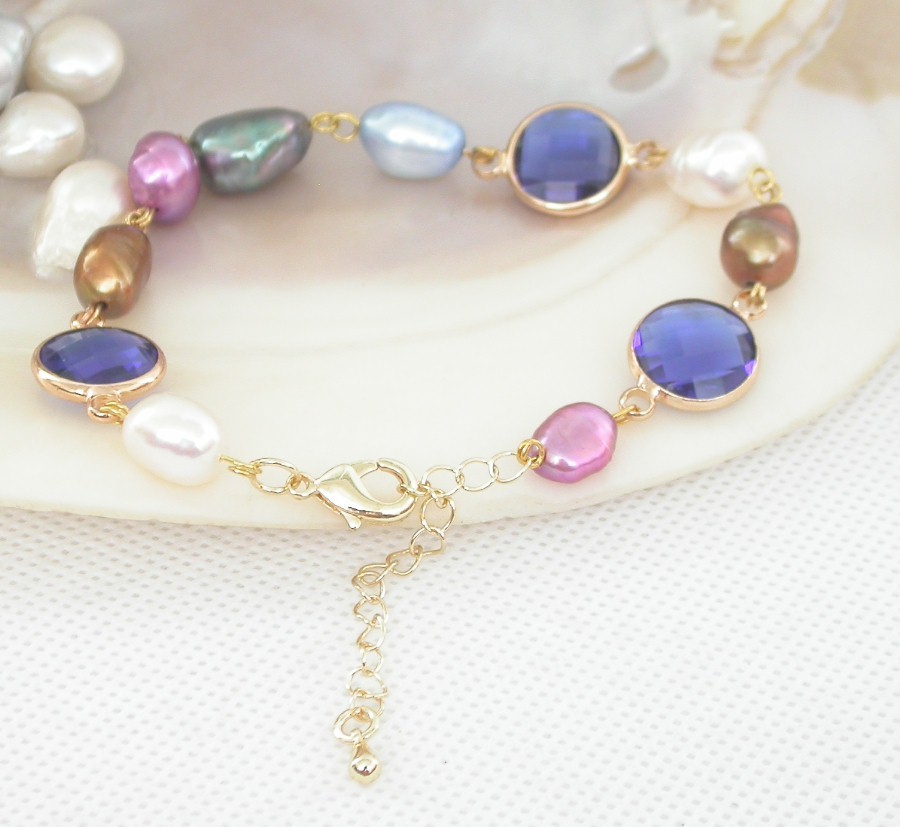 adjustable 7"-9" Baroque blue crystal Multicolor freshwater pearls bead Bracelet