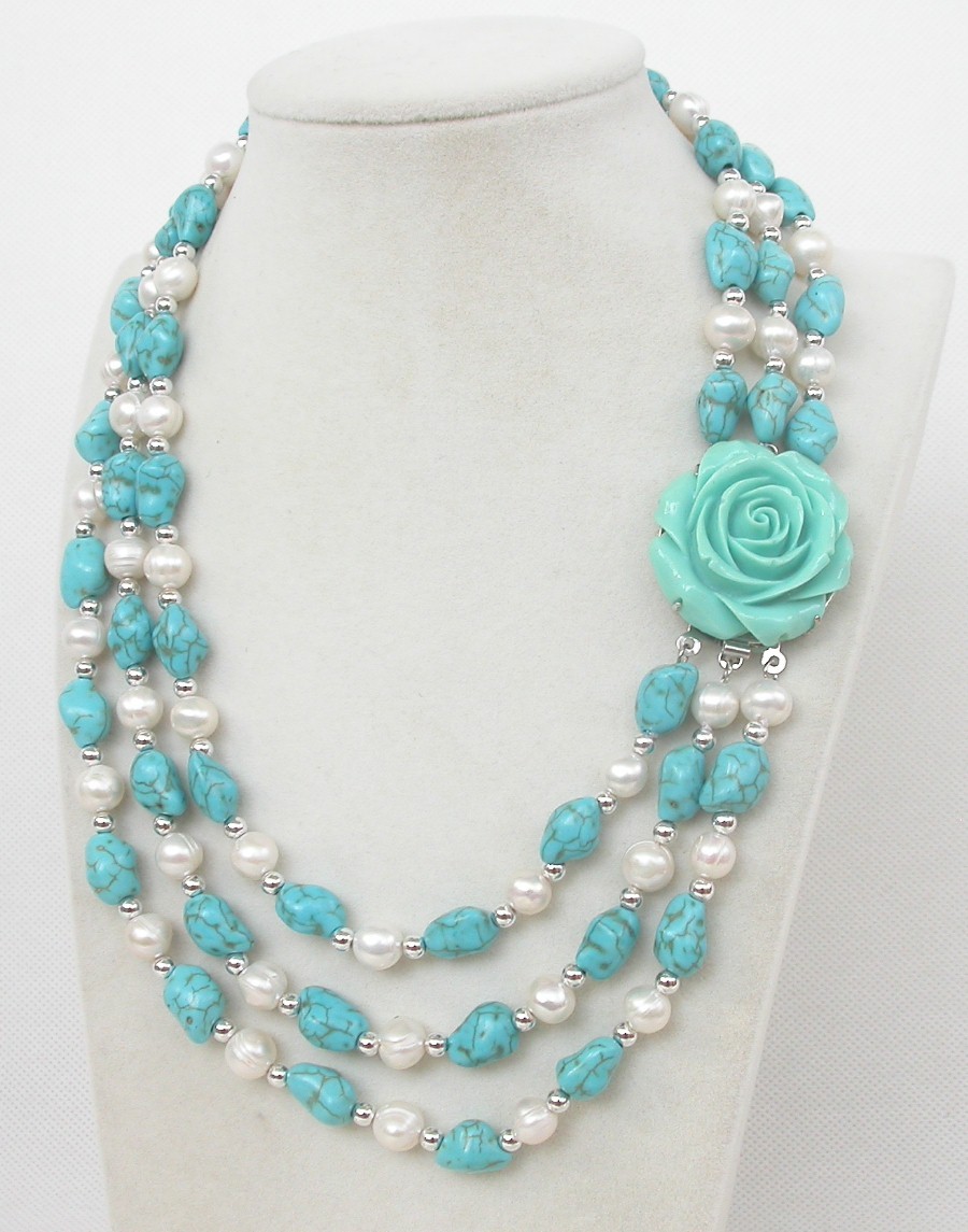 natural Baroque 17" 3row white pearls blue turquoise necklace c2094