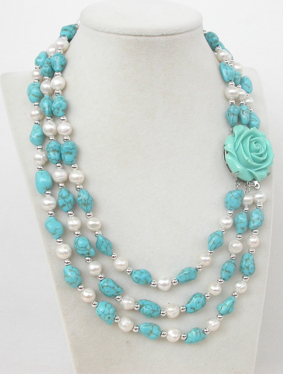 natural Baroque 17" 3row white pearls blue turquoise necklace c2094