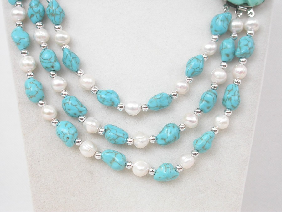 natural Baroque 17" 3row white pearls blue turquoise necklace c2094