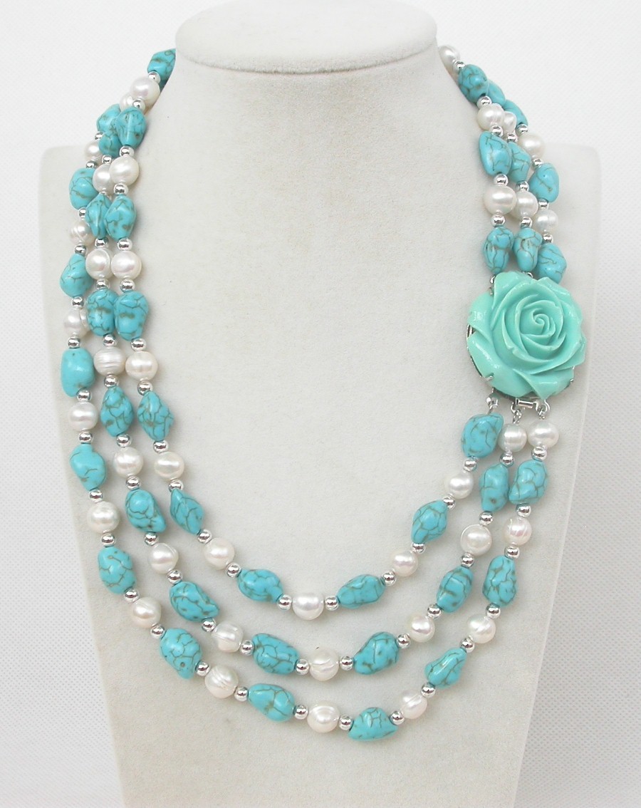 natural Baroque 17" 3row white pearls blue turquoise necklace c2094