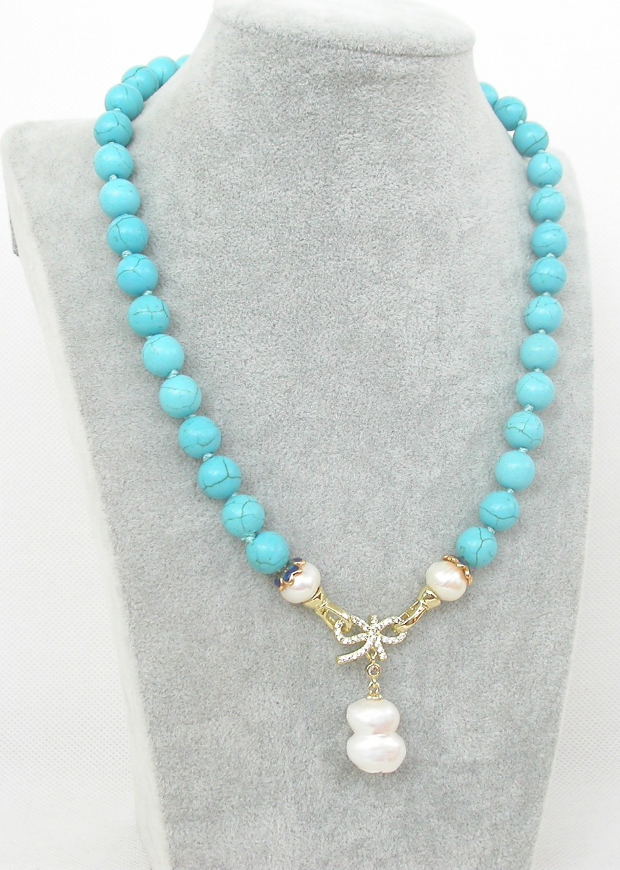 AAA 18" 10mm sky-blue turquoise white Reborn keshi pearls pendant necklace c2099